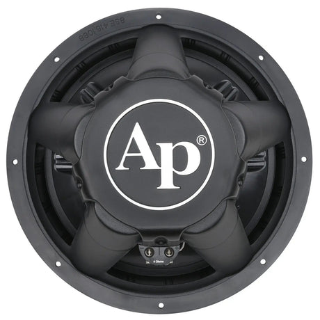 Rear view of a black subwoofer with a large AP logo on its magnet cover and two screw terminals