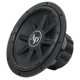 Opposite angled view of a black subwoofer with a ribbed cone and large white AP logo