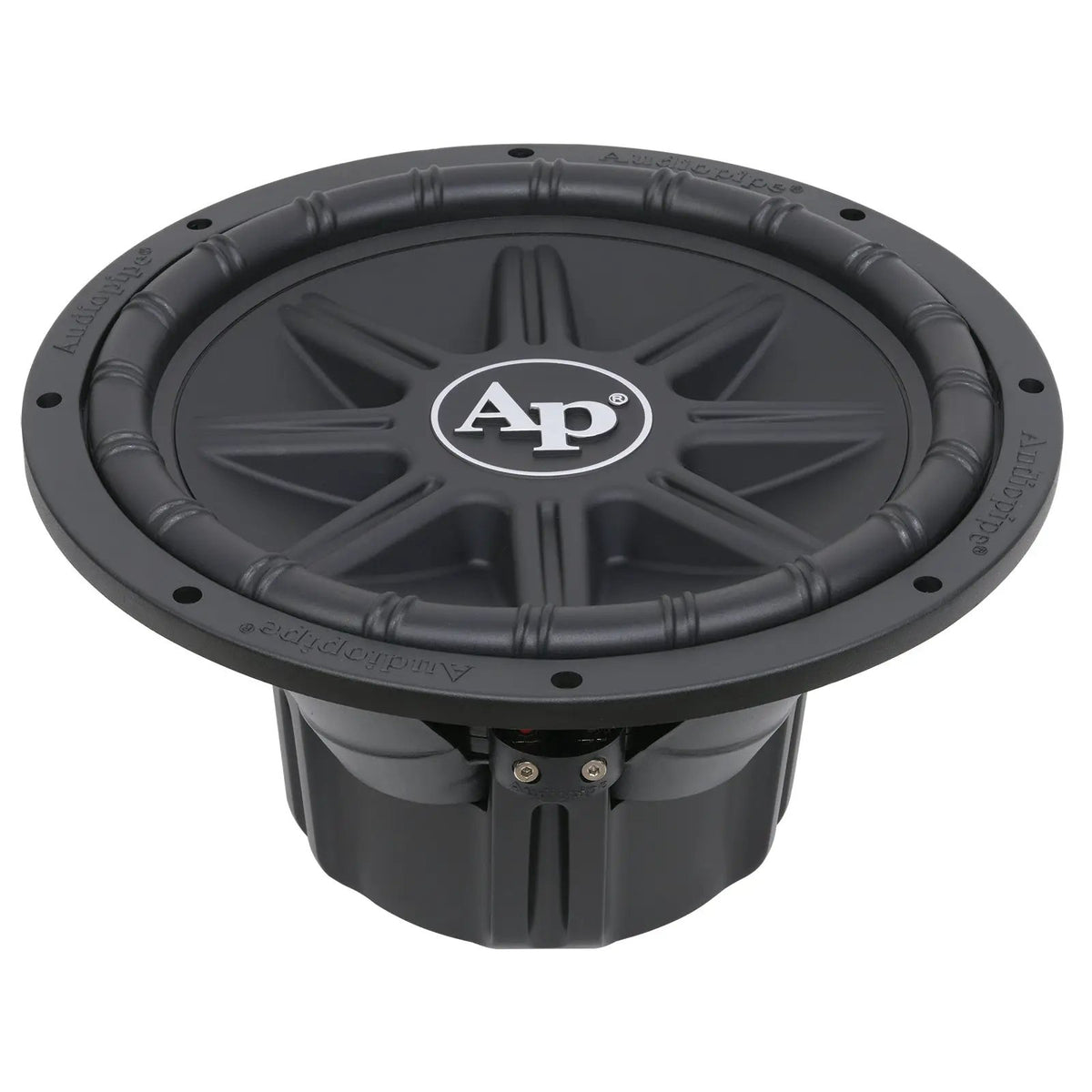 Audiopipe subwoofer with a sculpted black cone and silver center logo