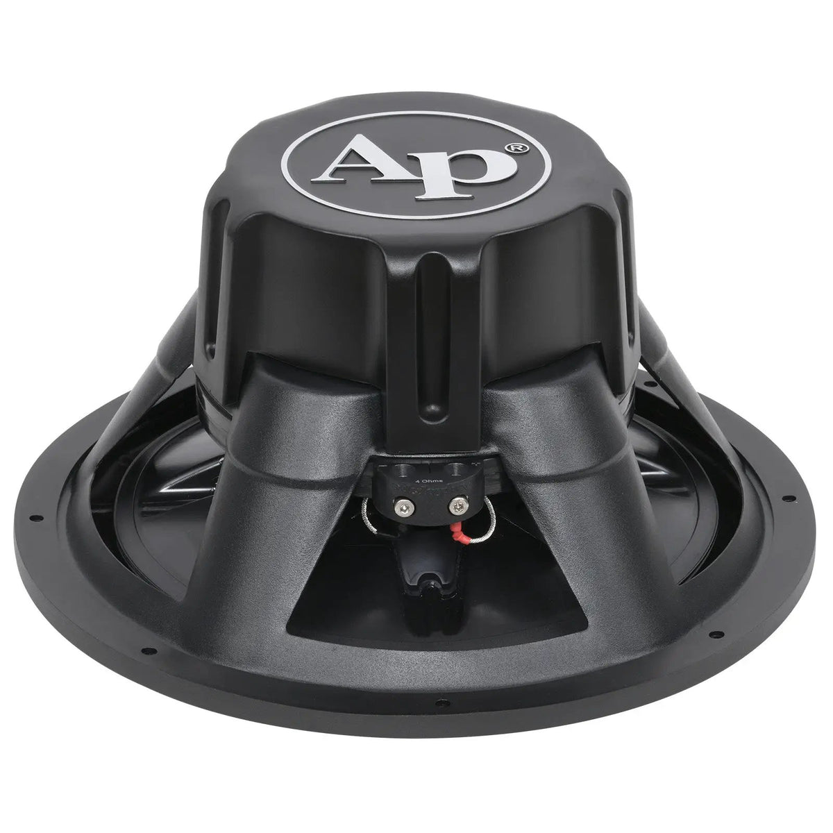 Rear angled view of a black subwoofer showing its AP-branded magnet cover and two screw terminals