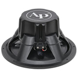Rear angled view of a black subwoofer showing its AP-branded magnet cover and two screw terminals