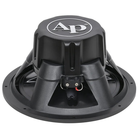 Rear angled view of a black subwoofer showing its AP-branded magnet cover and two screw terminals