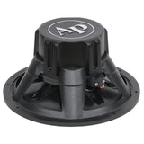 Audiopipe subwoofer rear angled view showing its covered magnet, basket and terminals