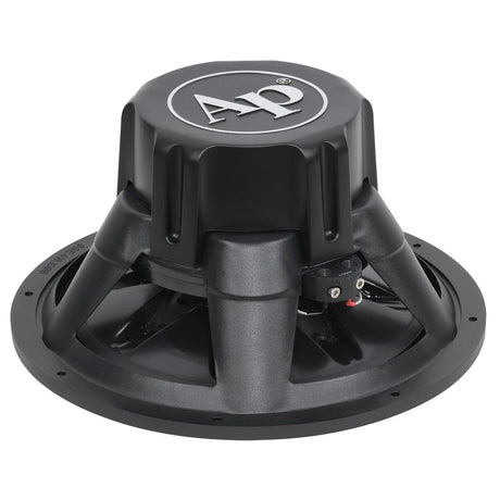 Audiopipe subwoofer rear angled view showing its covered magnet, basket and terminals