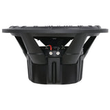 Side view of a black subwoofer showing its open basket, terminal block and deep magnet cover