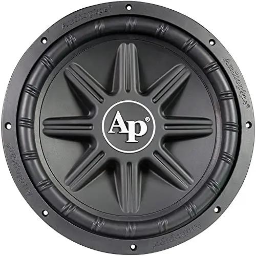 Front view of a black Audiopipe subwoofer with raised star-shaped cone ribs and white AP logo