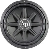 Front view of a black Audiopipe subwoofer with raised star-shaped cone ribs and white AP logo