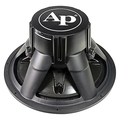 Audiopipe subwoofer, rear view showing an AP-branded motor cover and black basket