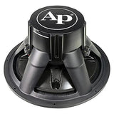 Audiopipe subwoofer, rear view showing an AP-branded motor cover and black basket