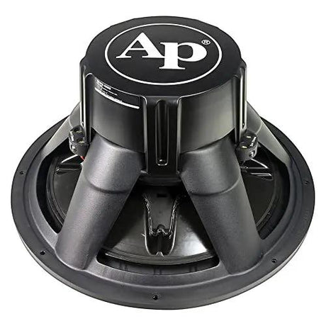 Audiopipe subwoofer, rear view showing an AP-branded motor cover and black basket