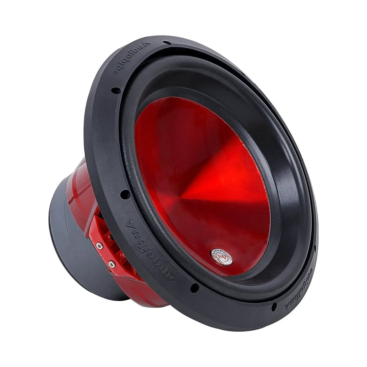 Angled front view of a red Audiopipe subwoofer with reflective cone and black surround