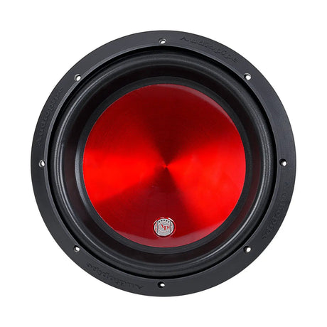 Audiopipe subwoofer with a glossy red cone, front view