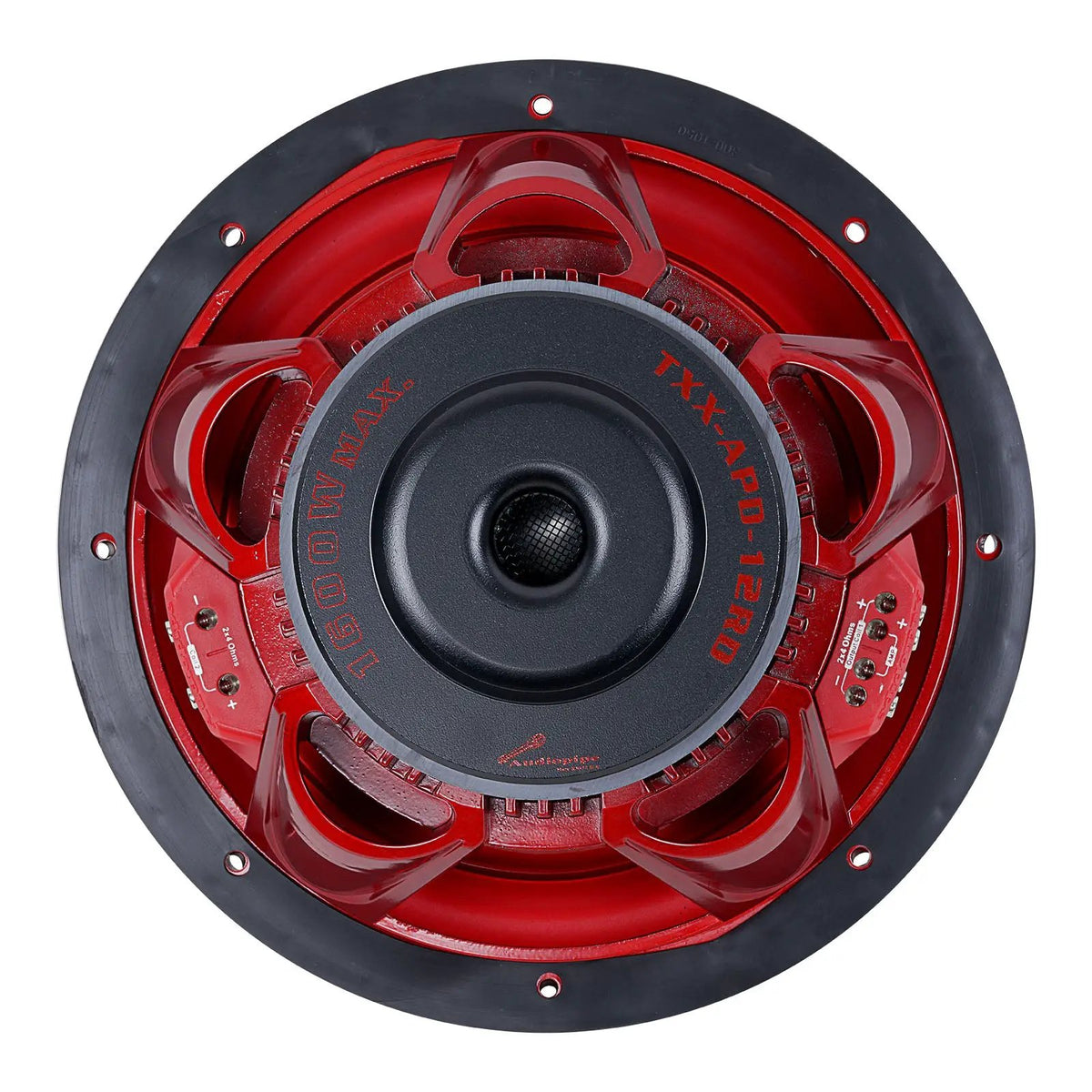 Rear view of a red Audiopipe subwoofer marked TXX-APD-12RD and 1600W Max