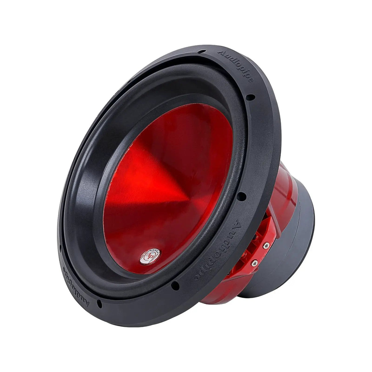 Audiopipe subwoofer with a glossy red cone and red basket, angled view