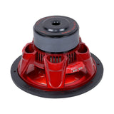 Rear angled view of an Audiopipe subwoofer showing its glossy red basket, gray magnets and terminals