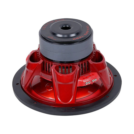 Rear angled view of an Audiopipe subwoofer showing its glossy red basket, gray magnets and terminals