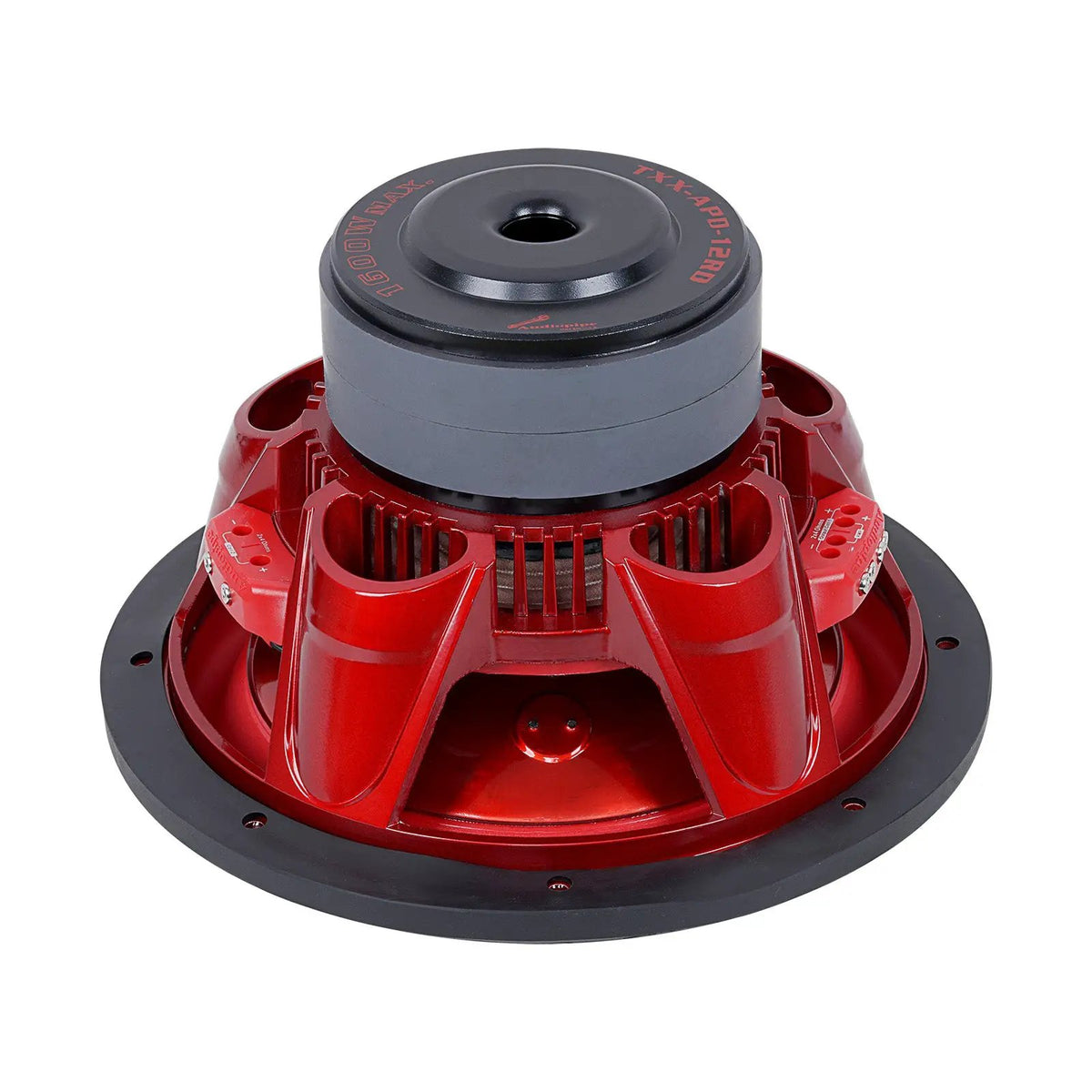 Audiopipe TXX-APD-12RD subwoofer with a red basket, rear view