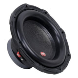 Opposite angled view of a black subwoofer with a thick surround, small red AP badge and side terminal block