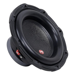 Opposite angled view of a black subwoofer with a thick surround, small red AP badge and side terminal block