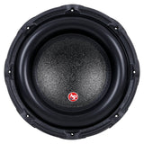 Front of a black Audiopipe subwoofer with a textured cone, wide surround and red AP center badge