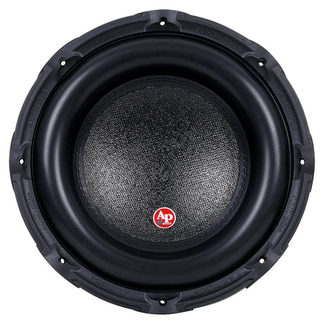 Front of a black Audiopipe subwoofer with a textured cone, wide surround and red AP center badge