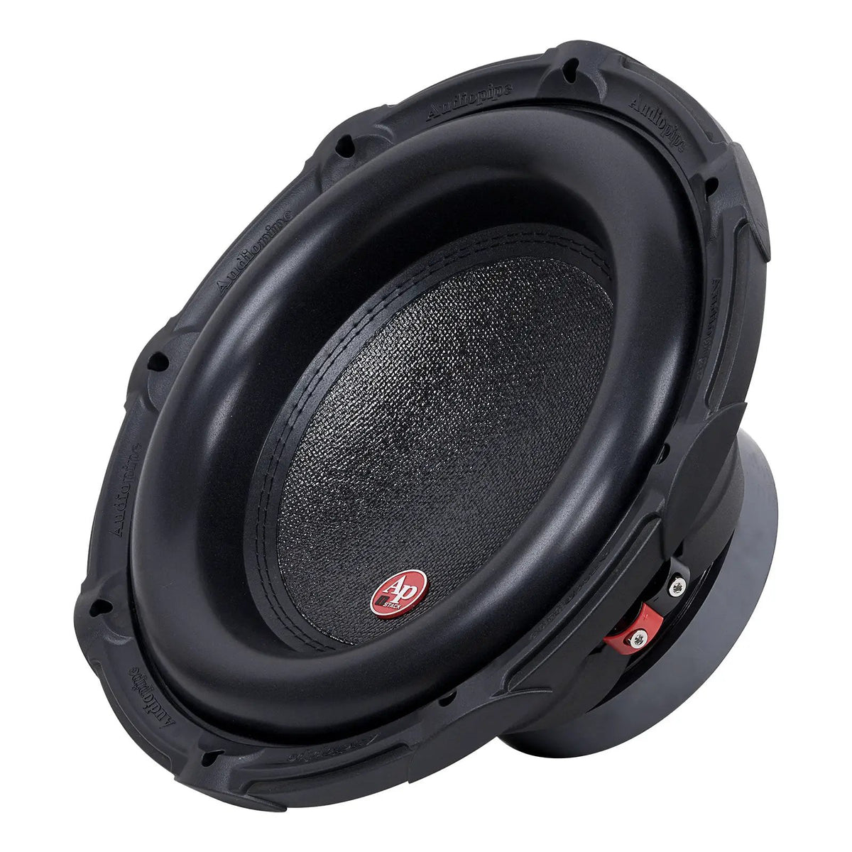 Angled view of a black subwoofer with a thick surround, small red AP badge and red terminal block