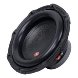 Angled view of a black subwoofer with a thick surround, small red AP badge and red terminal block