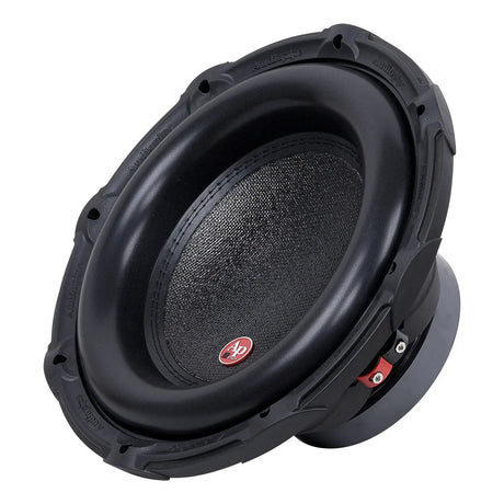 Angled view of a black subwoofer with a thick surround, small red AP badge and red terminal block