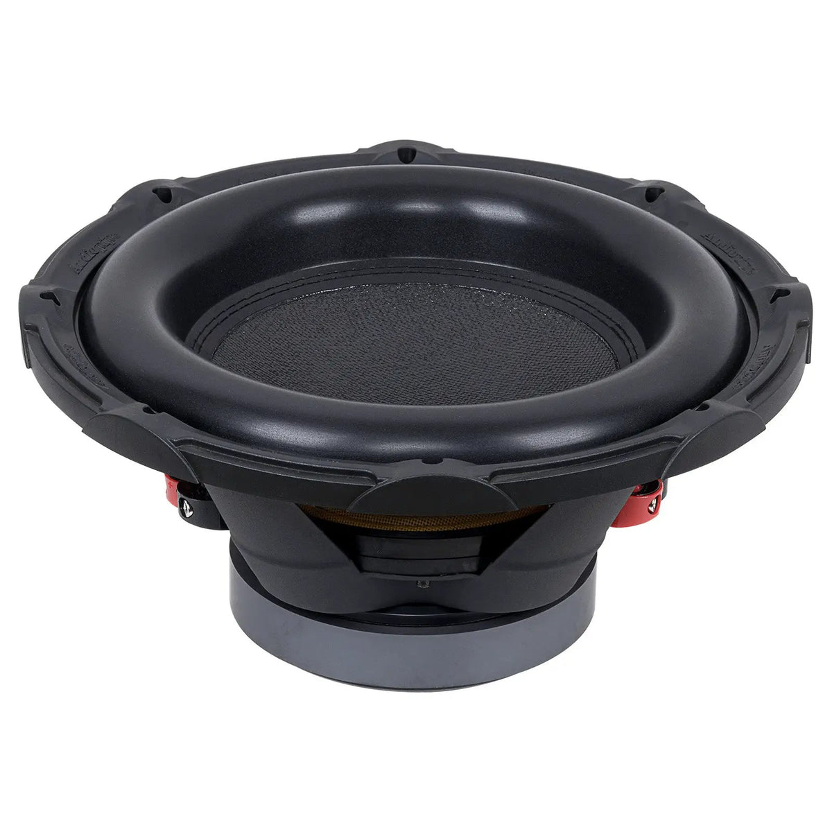 Side angled view of a black subwoofer showing its thick surround, basket and gray magnet
