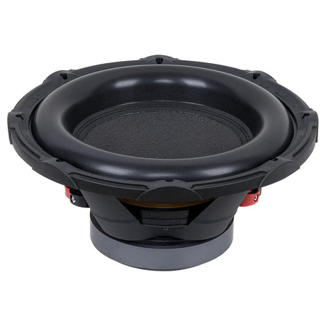 Side angled view of a black subwoofer showing its thick surround, basket and gray magnet