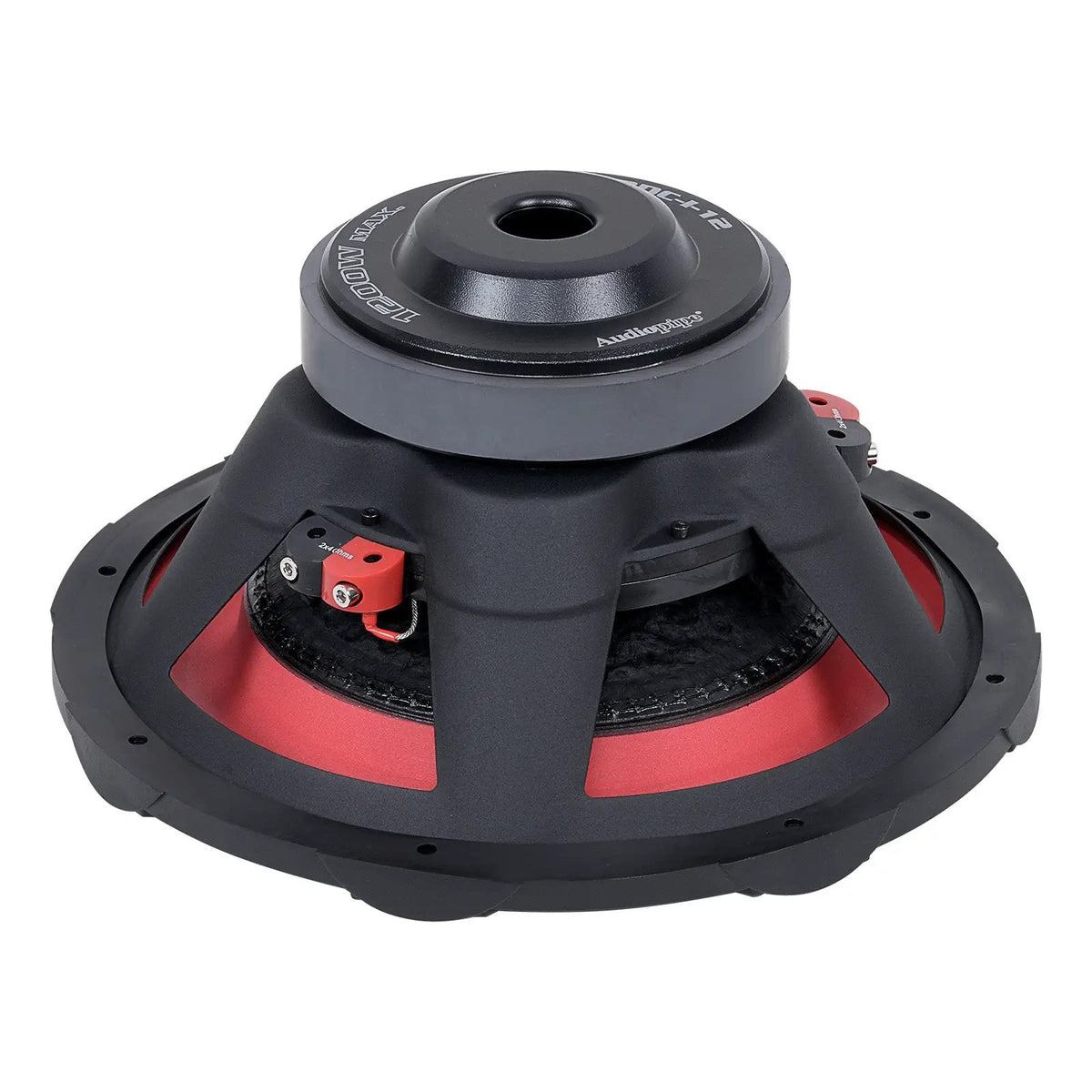 Rear view of Audiopipe subwoofer showing its black basket, red suspension and magnet