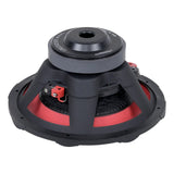 Rear view of Audiopipe subwoofer showing its black basket, red suspension and magnet