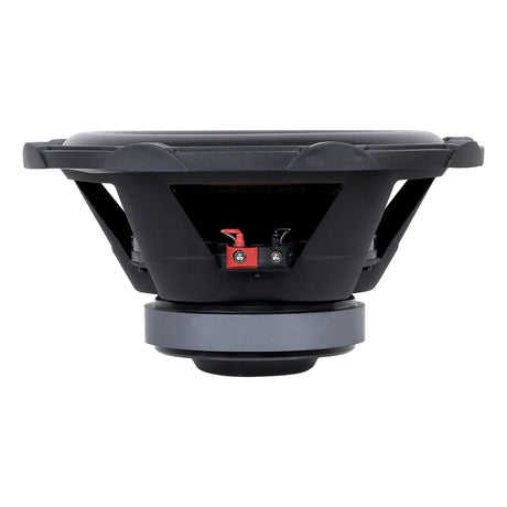 Audiopipe subwoofer side view showing its basket, red terminal and single magnet