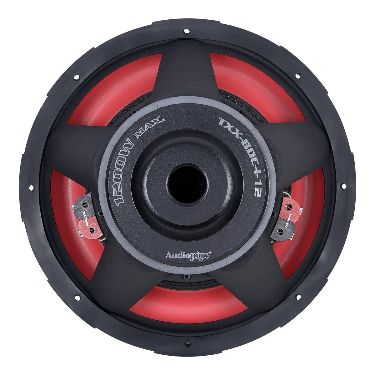Rear of Audiopipe TXX-BDC-I-12 subwoofer showing its labeled vented magnet