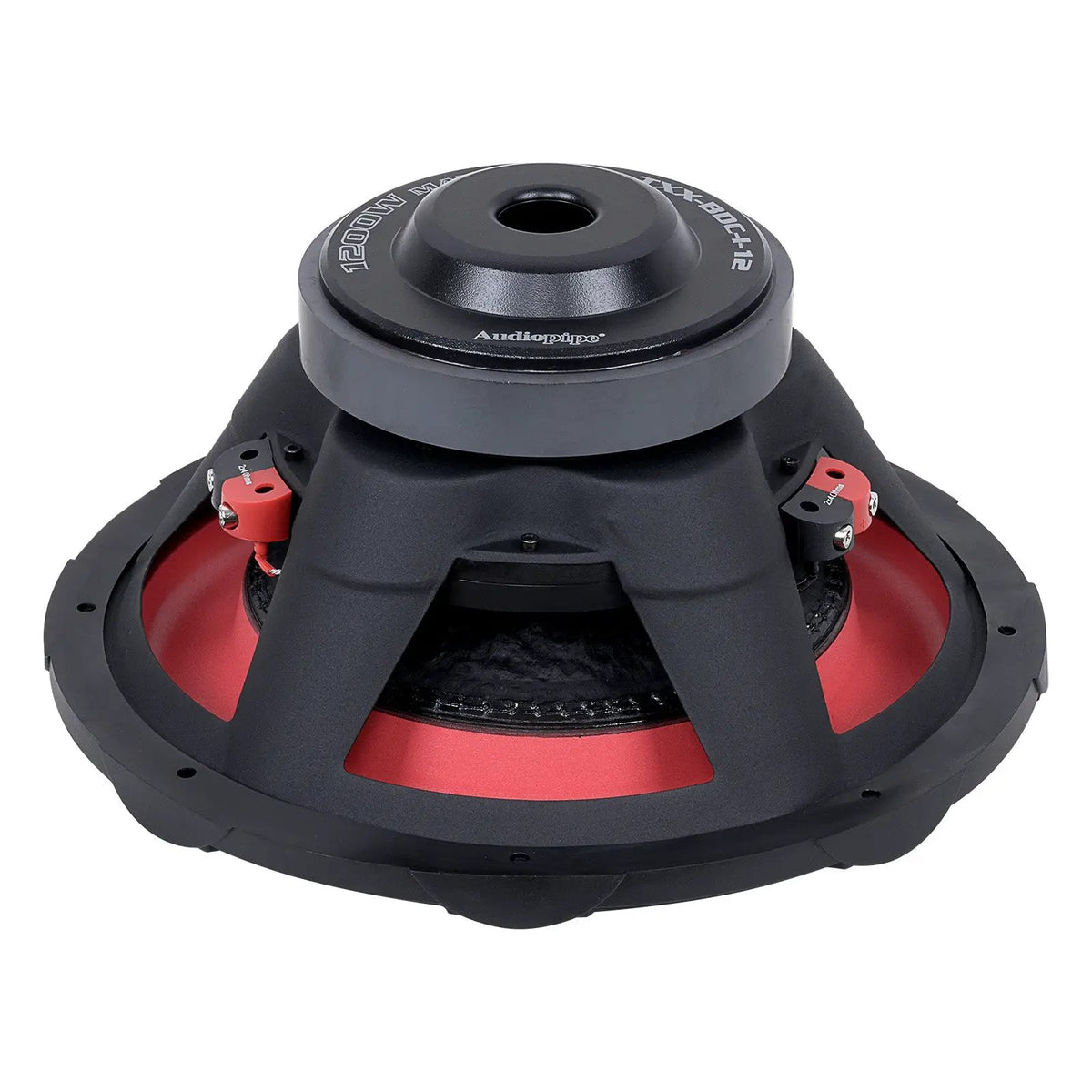 Rear angled view of an Audiopipe TXX-BDC-I-12 subwoofer with 1200W MAX label and terminals marked 2x4 ohms