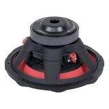 Audiopipe subwoofer rear angled view showing its magnet, red terminals and red suspension