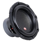 Angled front view of an Audiopipe subwoofer with a small red badge and broad black surround