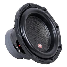 Angled front view of an Audiopipe subwoofer with a small red badge and broad black surround