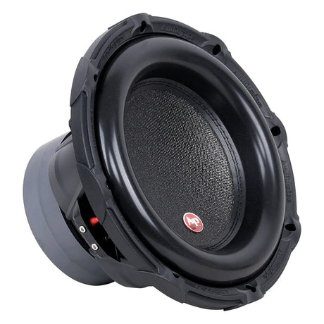 Angled front view of an Audiopipe subwoofer with a small red badge and broad black surround