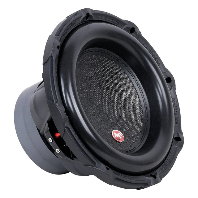 Angled front view of an Audiopipe subwoofer with a small red badge and broad black surround