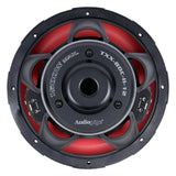 Rear view of an Audiopipe subwoofer marked TXX-BDC-II-12 and 1500W Max