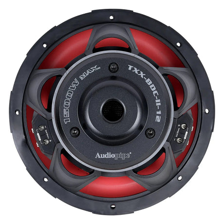 Rear view of an Audiopipe subwoofer marked TXX-BDC-II-12 and 1500W Max