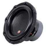 Angled front view of an Audiopipe subwoofer with small red cone badge and visible side terminals