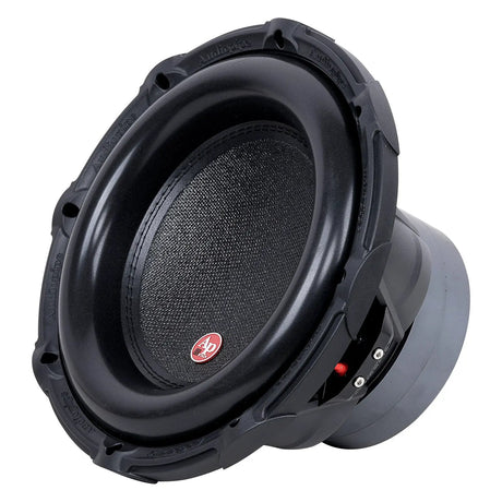 Angled front view of an Audiopipe subwoofer with small red cone badge and visible side terminals