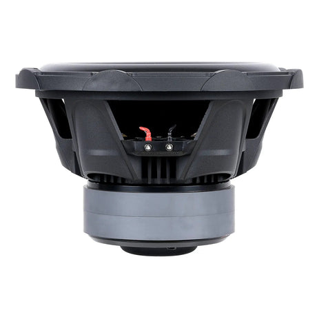 Side view of an Audiopipe subwoofer showing its black basket, terminal block and double-stacked magnets