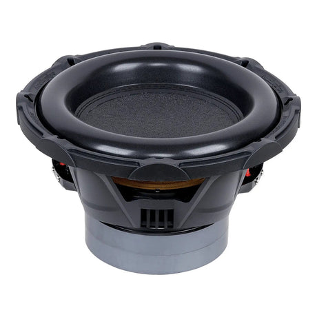Side-angled view of an upright Audiopipe subwoofer with thick surround and open basket