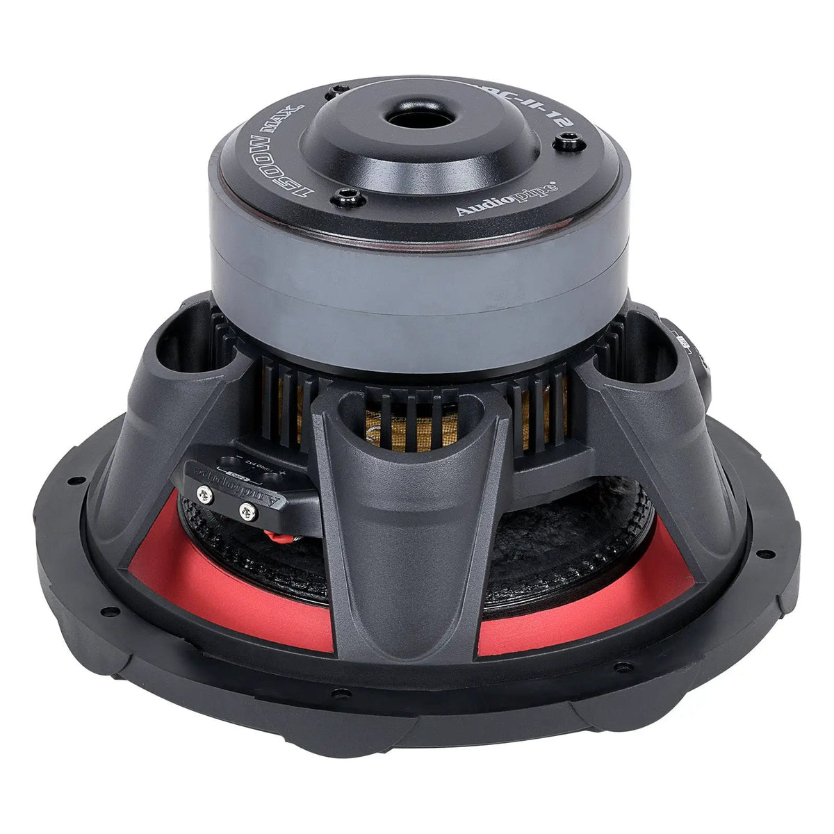 Rear-angled view of an Audiopipe subwoofer showing a vented magnet cover, basket ribs and terminals