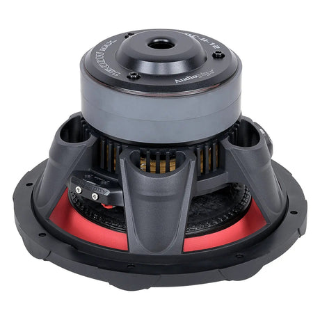 Rear-angled view of an Audiopipe subwoofer showing a vented magnet cover, basket ribs and terminals