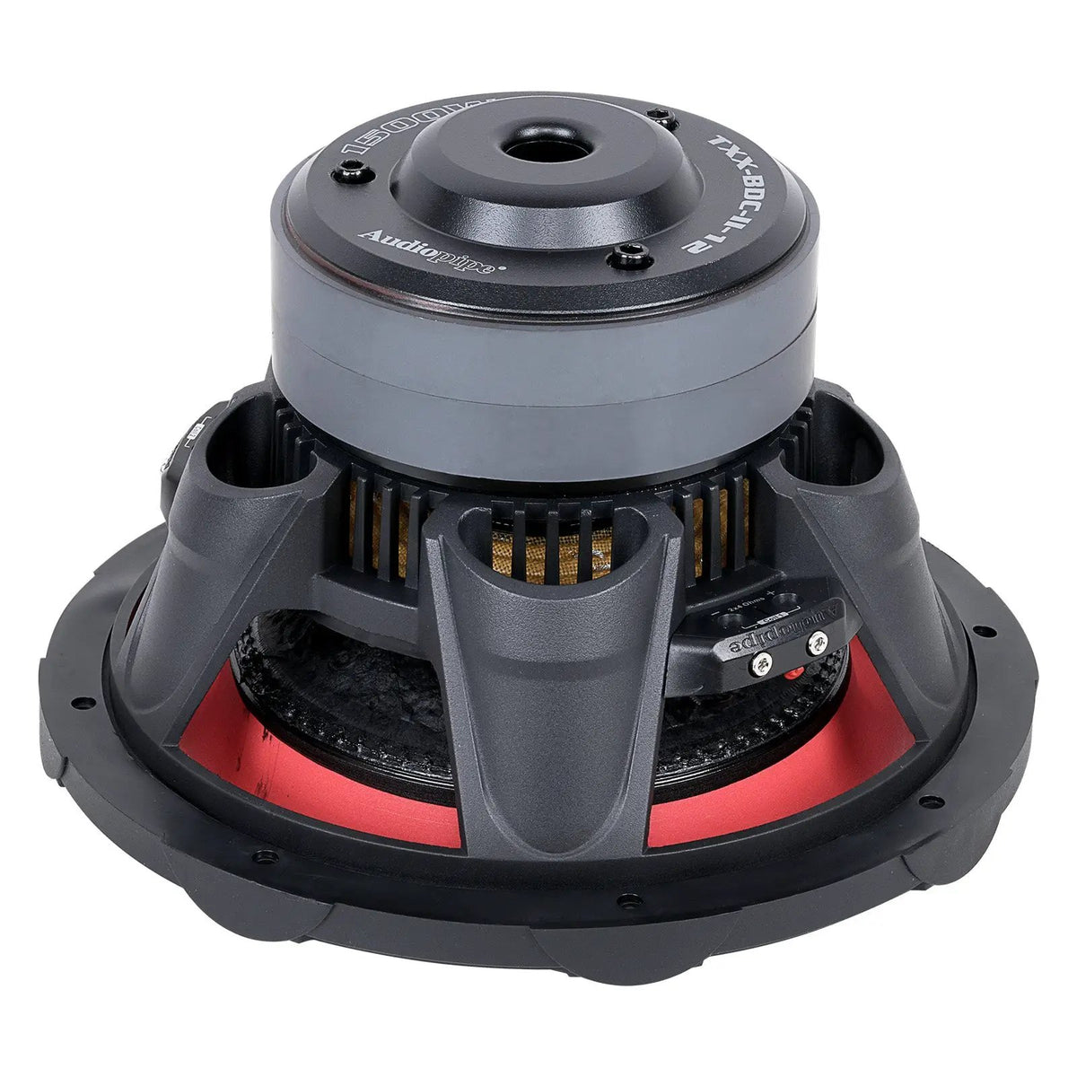 Inverted Audiopipe subwoofer showing its magnet, vented basket, red suspension and terminal block