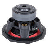 Inverted Audiopipe subwoofer showing its magnet, vented basket, red suspension and terminal block